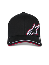 Alpinestars Corp Shift Relay Hat, Black Baseball Cap, curved bill with white trim and red sandwich, front-side 3D Astars logo embroidery in white and red, casual motorsport-inspired sportswear