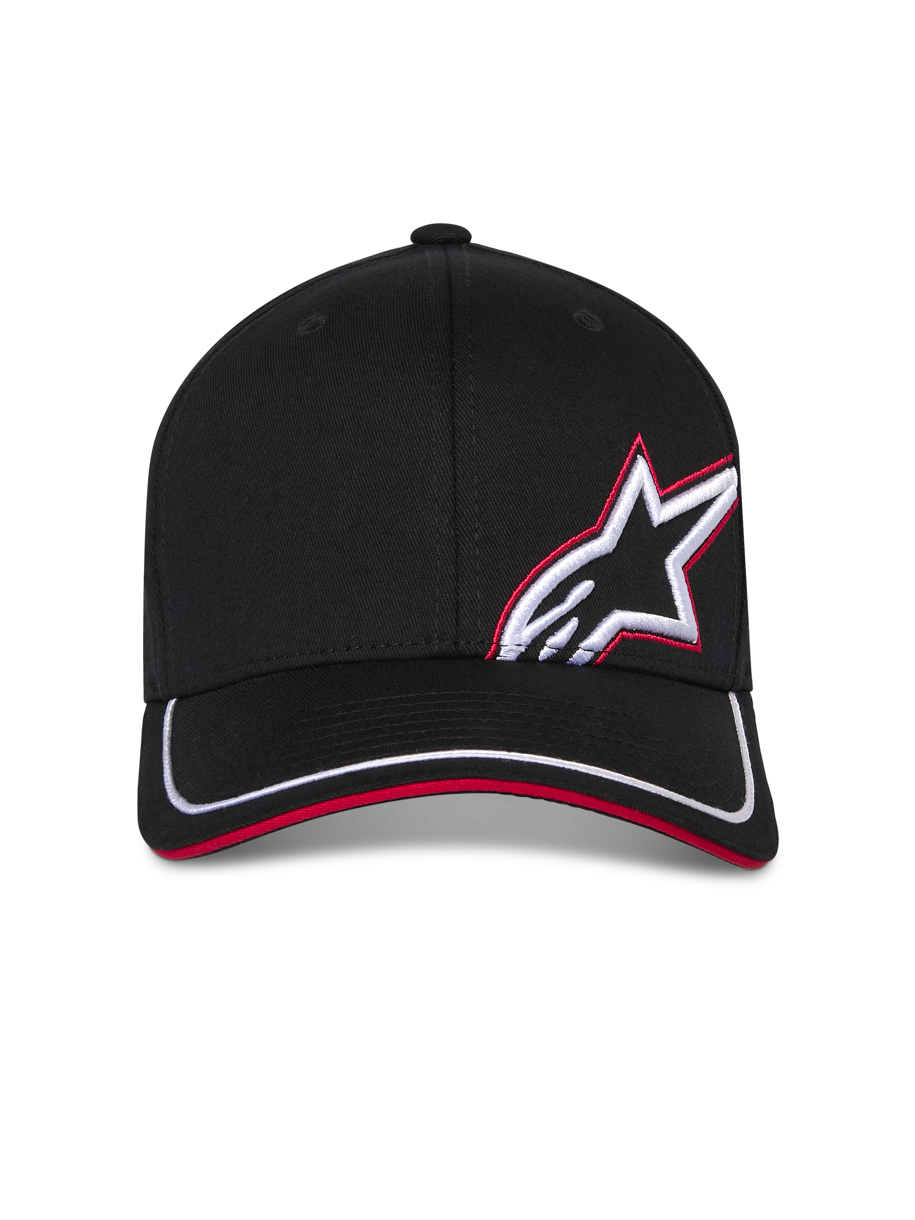 Alpinestars Corp Shift Relay Hat, svart baseballkeps, böjd skärm med vit kant och röd sandwich, 3D-broderad Astars-logotyp framtill i vitt och rött, casual motorsport-inspirerad design