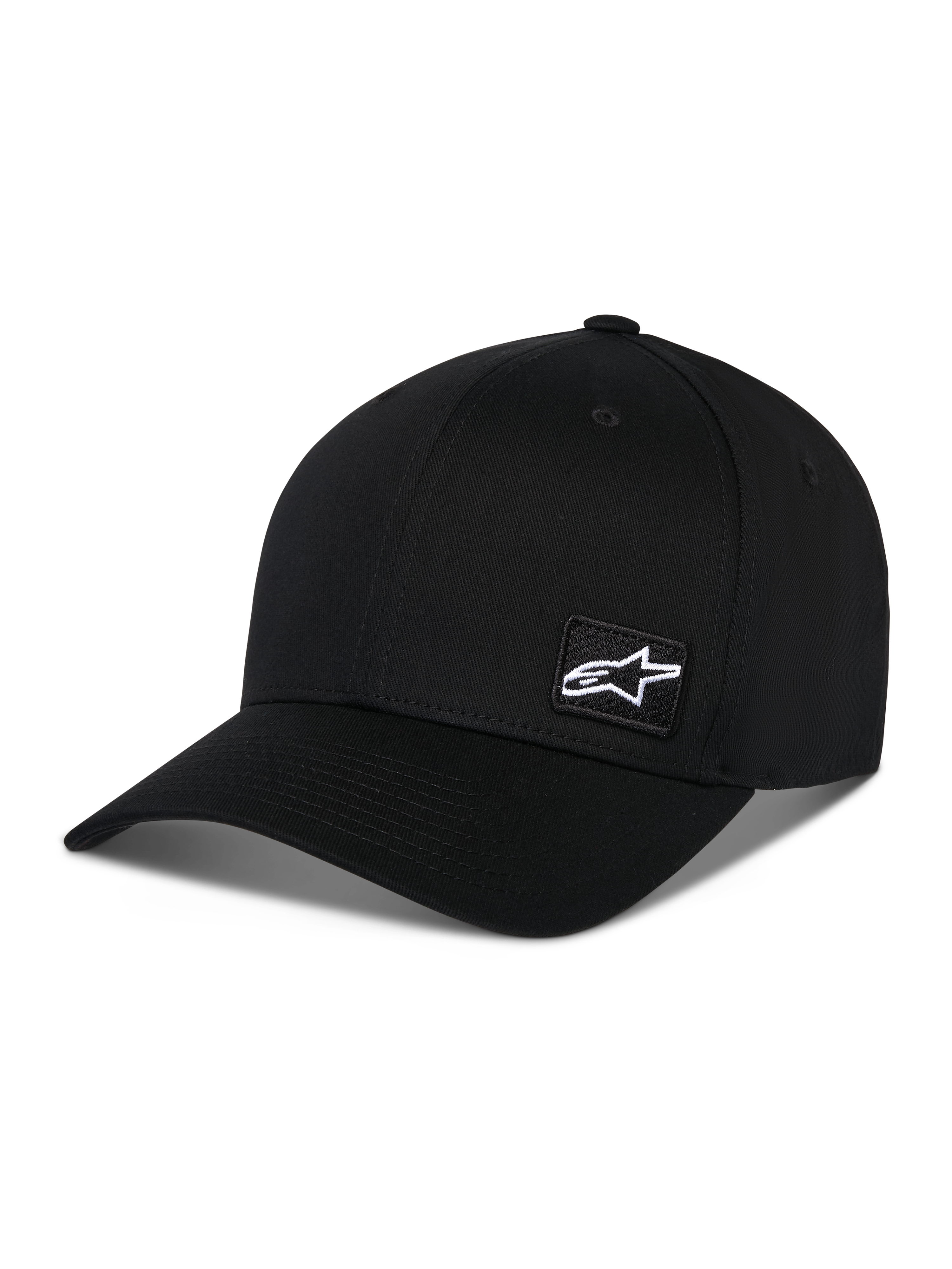 Alpinestars Pivot keps, svart sportswear-keps med böjd skärm och strukturerad krona, liten vit Astars-logotyp på sidan, avslappnad motorsportinspirerad design