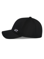 Alpinestars Pivot Hat, Black Baseball Cap, side profile view featuring a curved bill and structured crown, small embroidered square Astars logo patch on the side, casual motorsport-inspired headwear