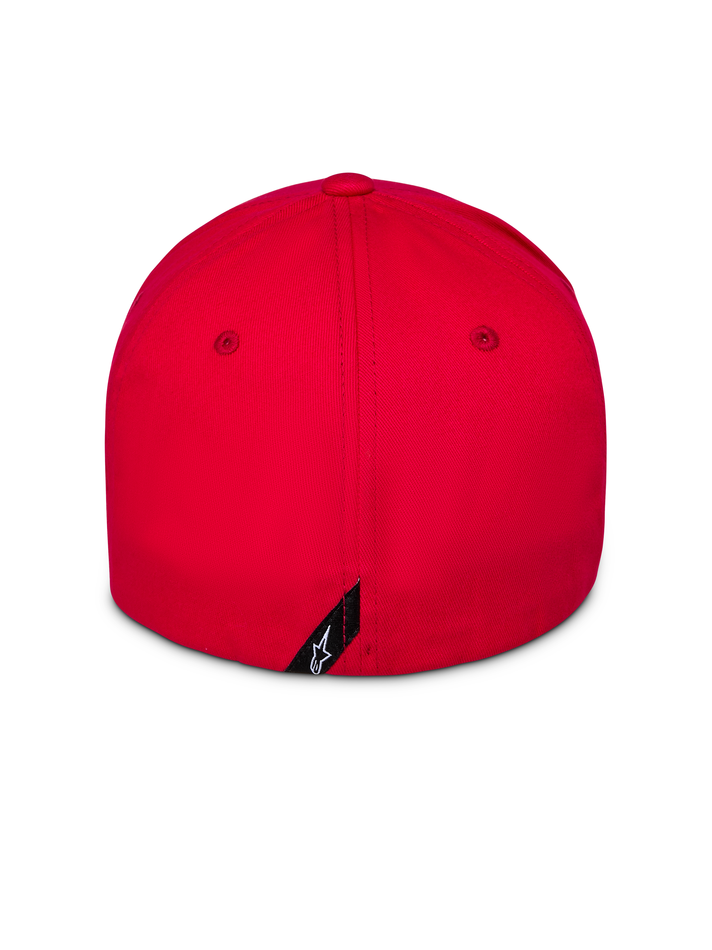 Alpinestars Pivot keps, röd, sedd bakifrån, flexibel baksida, strukturerad krona, liten svart etikett med vit Astars-logotyp, casual sportswear