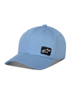 Alpinestars Pivot Hat, blå baseballkeps med böjd skärm, liten svart broderad Astars-logotyp på sidan, vardaglig sportswear-accessoar
