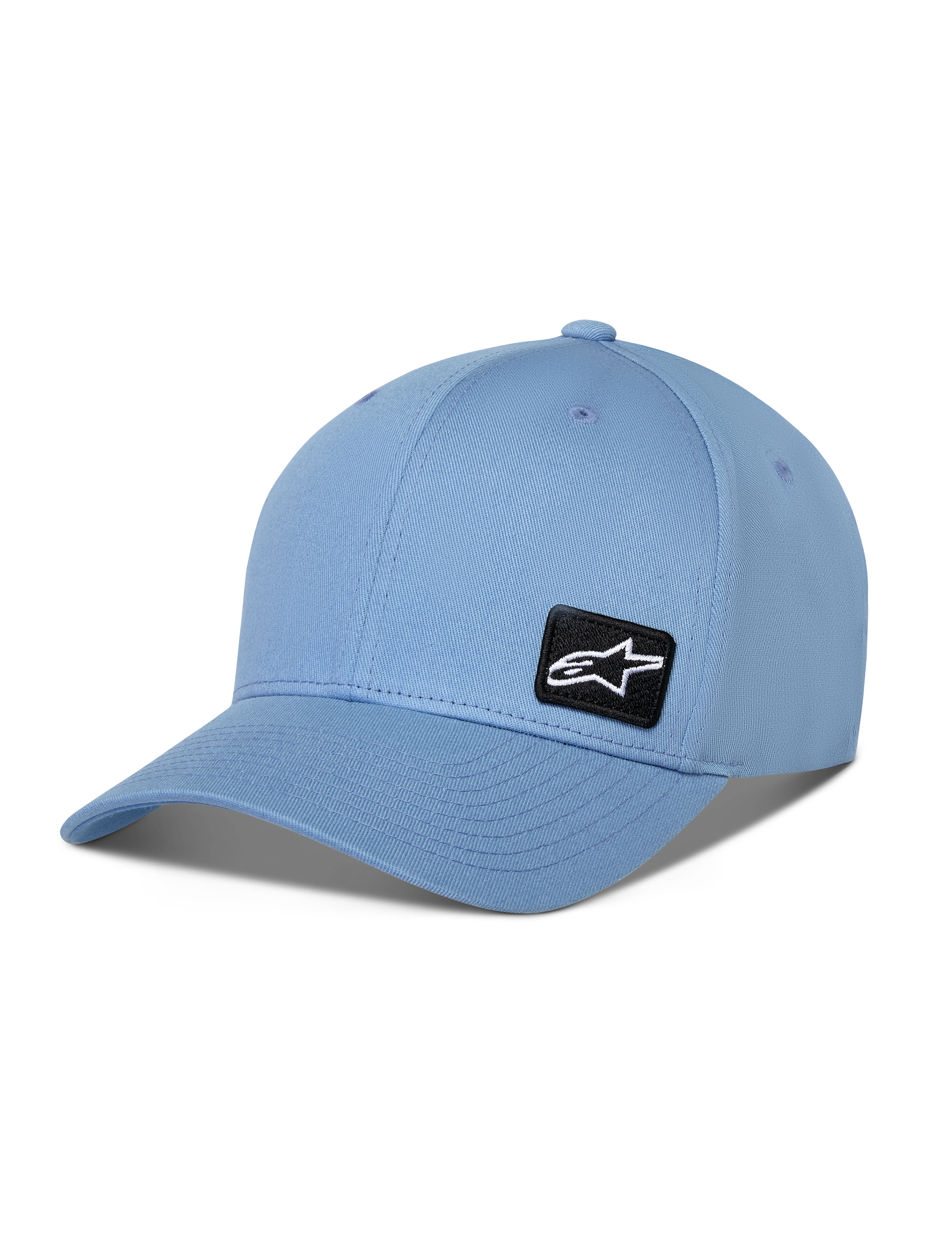 Alpinestars Pivot Hat, blå baseballkeps med böjd skärm, liten svart broderad Astars-logotyp på sidan, vardaglig sportswear-accessoar