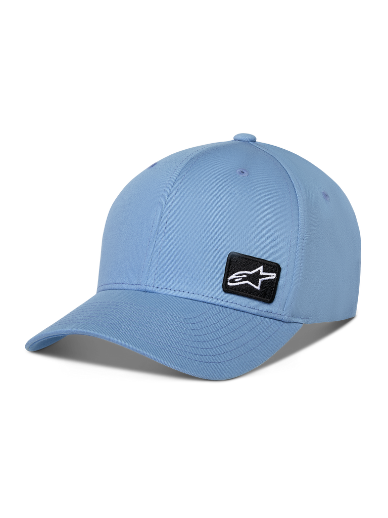 Alpinestars Pivot Hat, blå baseballkeps med böjd skärm, liten svart broderad Astars-logotyp på sidan, vardaglig sportswear-accessoar