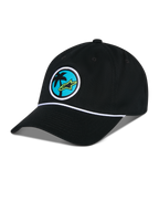 Alpinestars Calipalm Strapback Hat, Black, unstructured low crown with curved bill, white rope detail, front circular patch featuring a palm tree and lime green Astars logo, casual sportswear