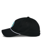 Alpinestars Calipalm Strapback Hat, Black, side profile view, curved bill with white rope accent, black cotton twill fabric, colorful front logo patch, casual motorsport-inspired headwear