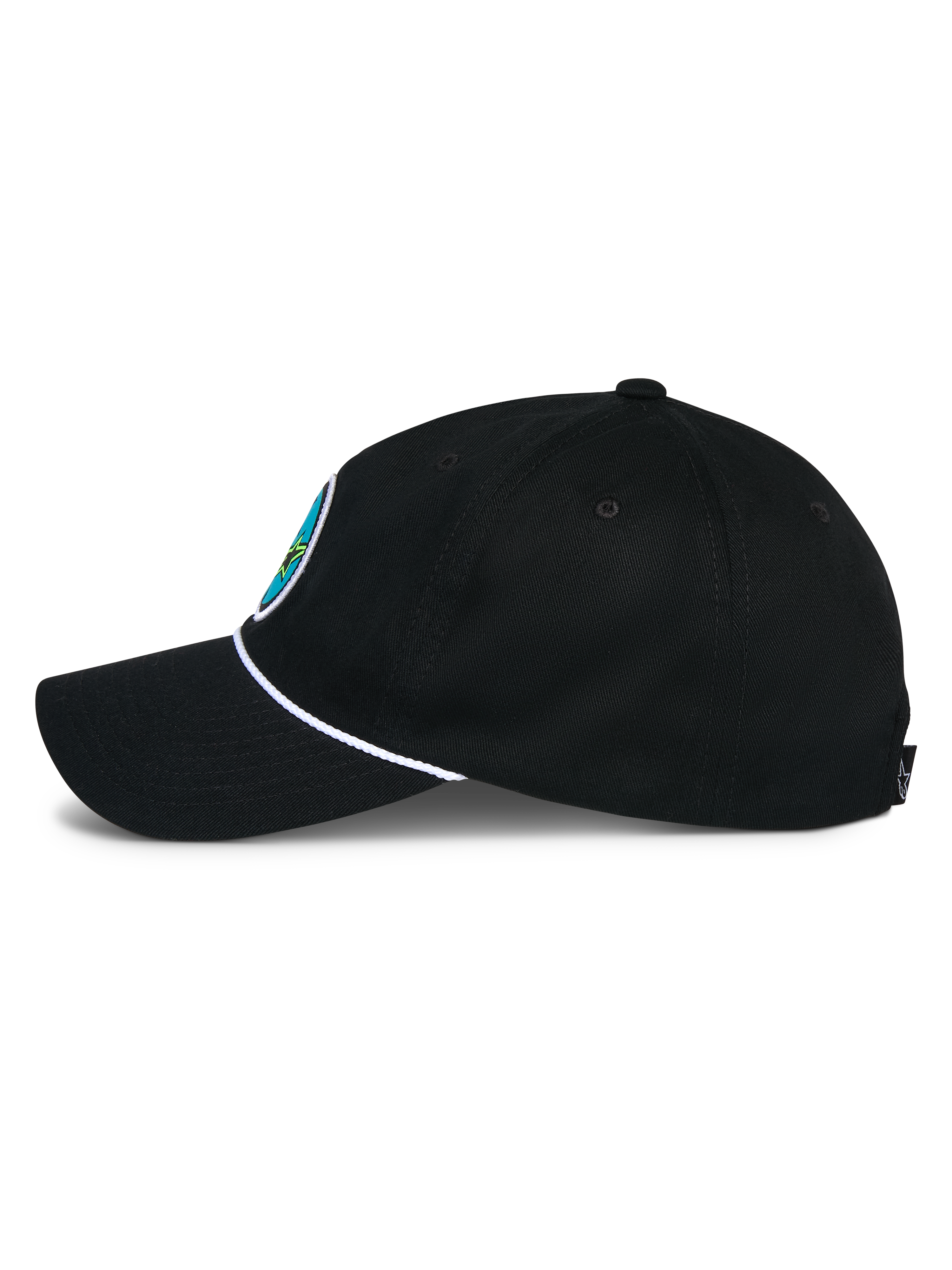 Alpinestars Calipalm Strapback Hat, Black, side profile view, curved bill with white rope accent, black cotton twill fabric, colorful front logo patch, casual motorsport-inspired headwear