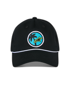 Alpinestars Calipalm Strapback Hat, Black Hat, featuring a circular woven patch with a palm tree and lime green Astars logo on a blue background, white rope cord detail above the bill, Casual Sportswear