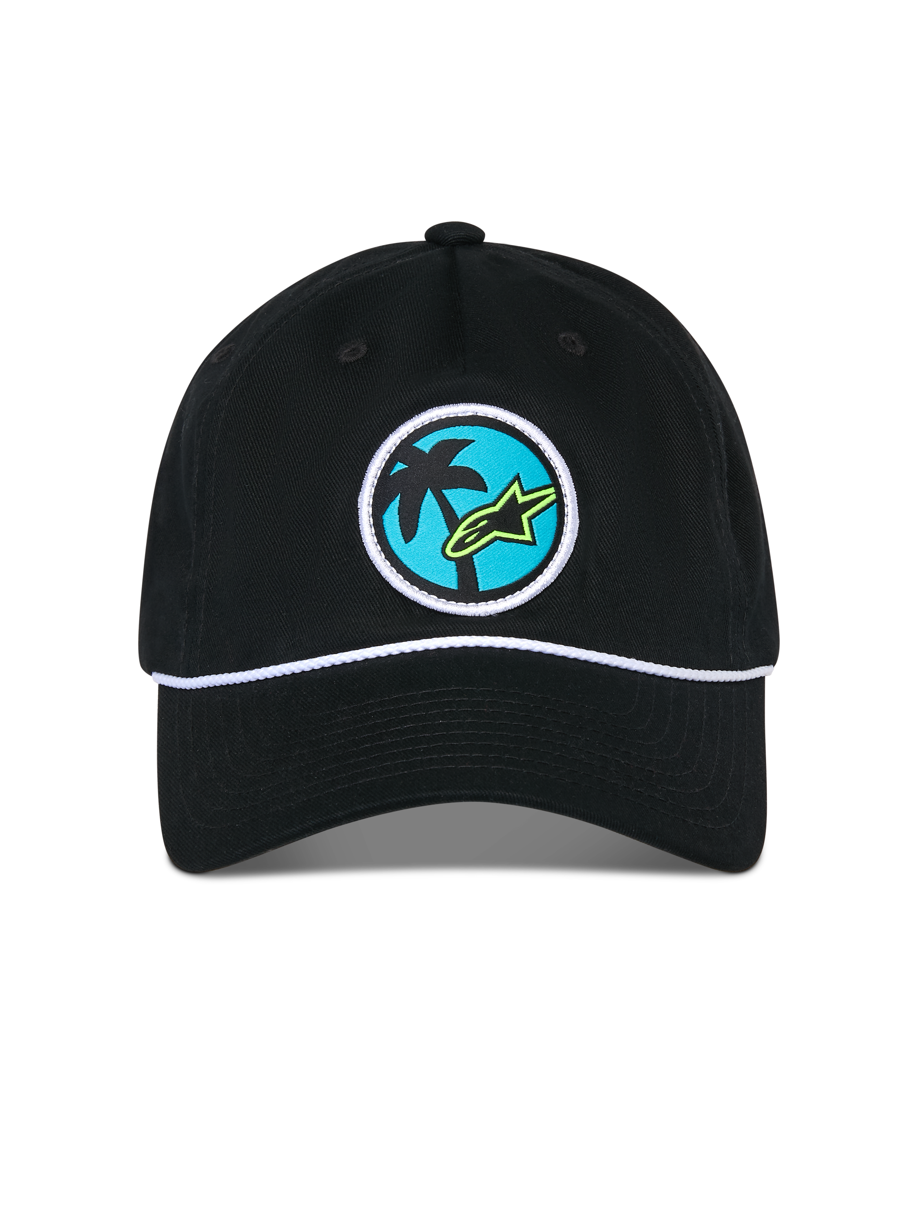 Alpinestars Calipalm Strapback Hat, Black Hat, featuring a circular woven patch with a palm tree and lime green Astars logo on a blue background, white rope cord detail above the bill, Casual Sportswear
