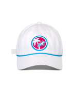 Alpinestars Calipalm Strapback Hat, white baseball cap, curved bill with blue cord detail, circular front patch featuring a pink background with a white palm tree and blue Astars logo, casual sportswear headwear