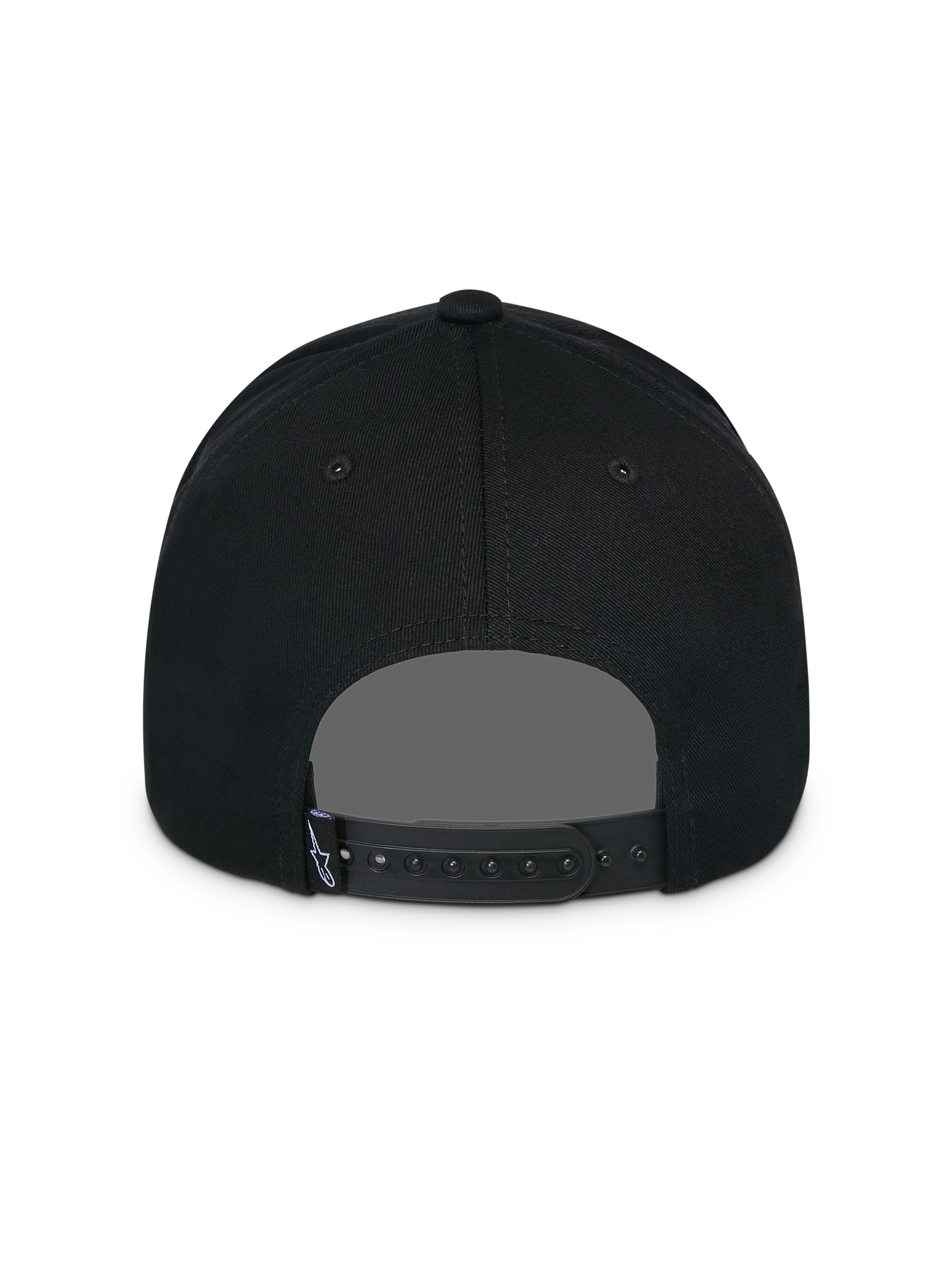 Alpinestars Lucid Snapback-keps, svart, vy bakifrån, med justerbar snapback-stängning och en liten etikett med Astars-logotyp, strukturerad krona, avslappnad motorsport-inspirerad huvudbonad