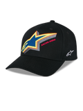 Alpinestars Lucid Snapback Hat, svart strukturerad baseballkeps, livfull flerfärgad broderad Astars-logotyp med 'Racing Ahead'-text framtill, böjd skärm, vit broderad logotyp på sidan, casual motorsport-huvudbonad
