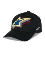 Alpinestars Lucid Snapback Hat, svart strukturerad baseballkeps, livfull flerfärgad broderad Astars-logotyp med 'Racing Ahead'-text framtill, böjd skärm, vit broderad logotyp på sidan, casual motorsport-huvudbonad