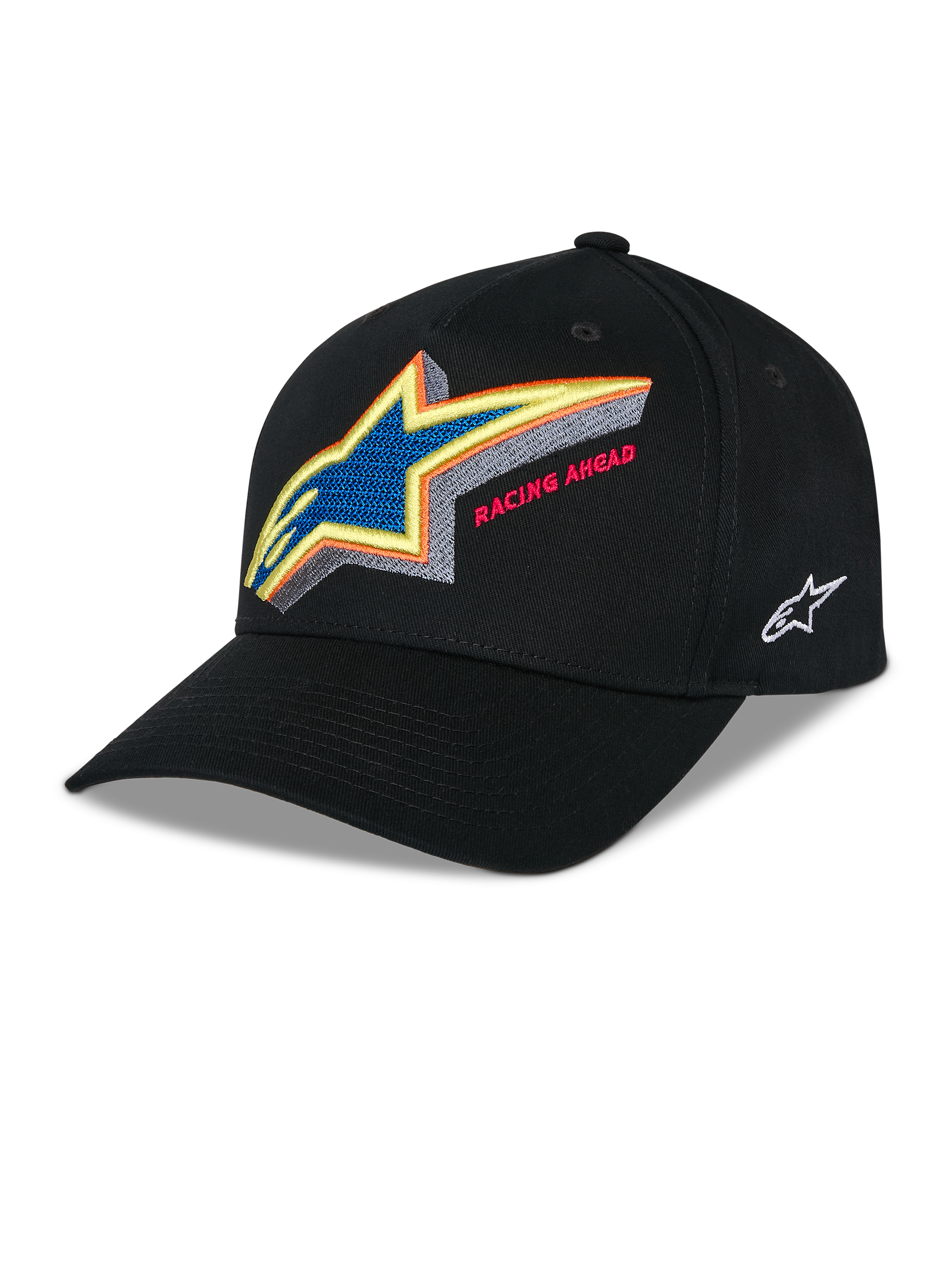 Alpinestars Lucid Snapback Hat, svart strukturerad baseballkeps, livfull flerfärgad broderad Astars-logotyp med 'Racing Ahead'-text framtill, böjd skärm, vit broderad logotyp på sidan, casual motorsport-huvudbonad