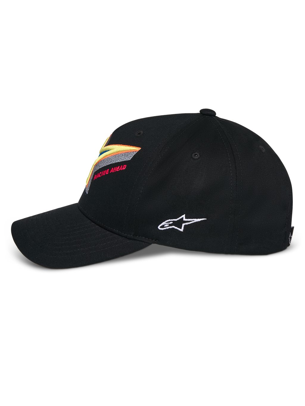 Alpinestars Lucid Snapback-keps, svart, strukturerad krona med böjd skärm, livfull flerfärgad Astars-logobrodyr framtill och vit logotyp på sidan, casual motorsport-inspirerade sportkläder