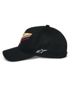 Alpinestars Lucid Snapback-keps, svart, strukturerad krona med böjd skärm, livfull flerfärgad Astars-logobrodyr framtill och vit logotyp på sidan, casual motorsport-inspirerade sportkläder