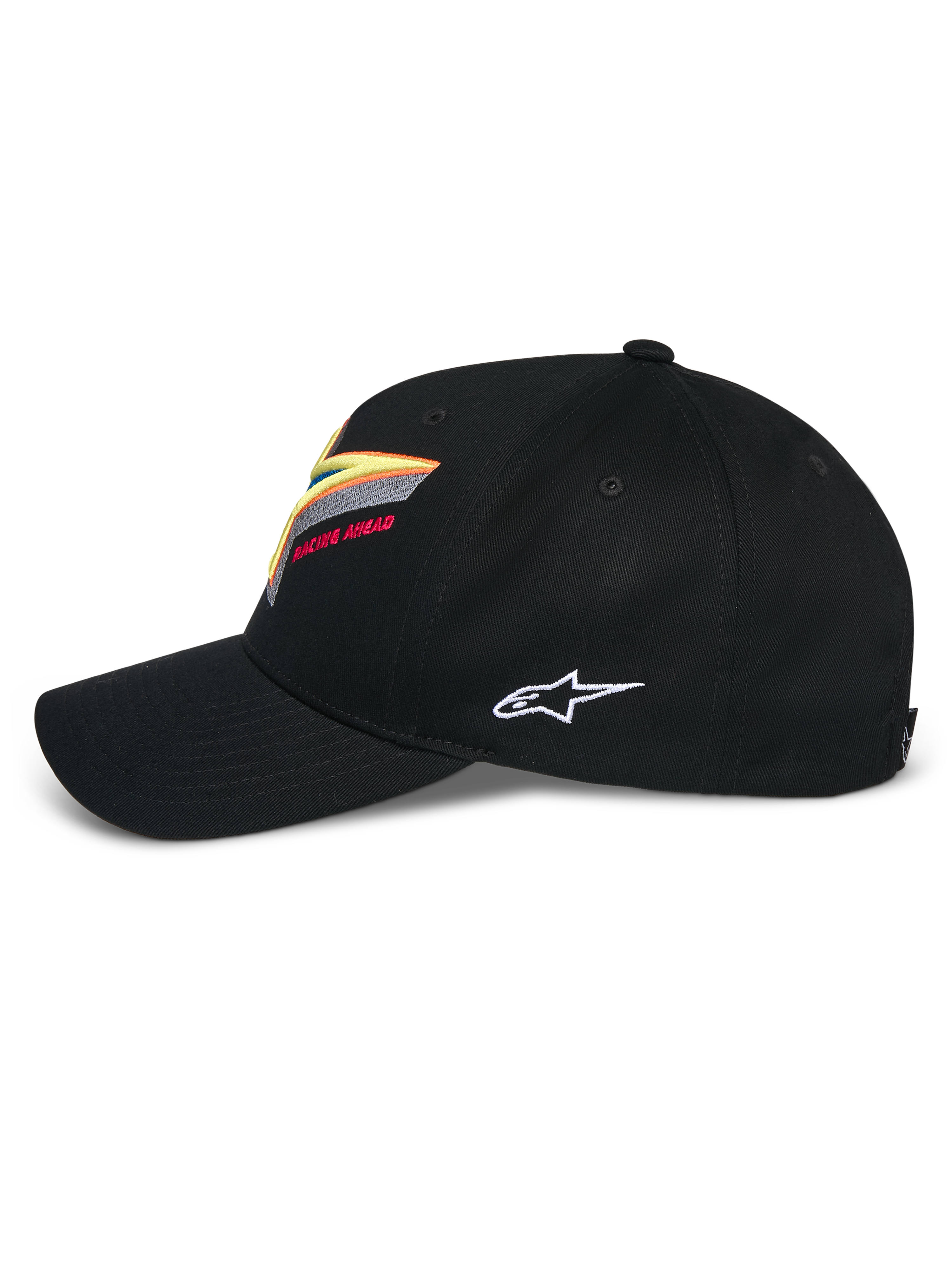 Alpinestars Lucid Snapback-keps, svart, strukturerad krona med böjd skärm, livfull flerfärgad Astars-logobrodyr framtill och vit logotyp på sidan, casual motorsport-inspirerade sportkläder