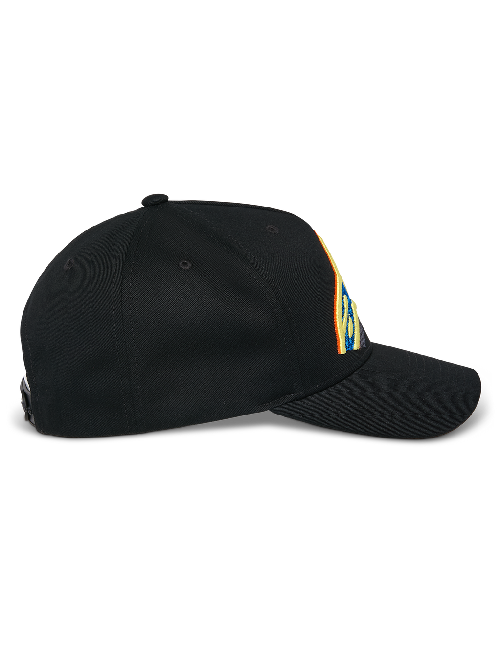 Alpinestars Lucid Snapback Keps, svart, sidoprofil, böjd skärm med strukturerad krona, med livfull flerfärgad logobrodyr, 100% bomullstwill