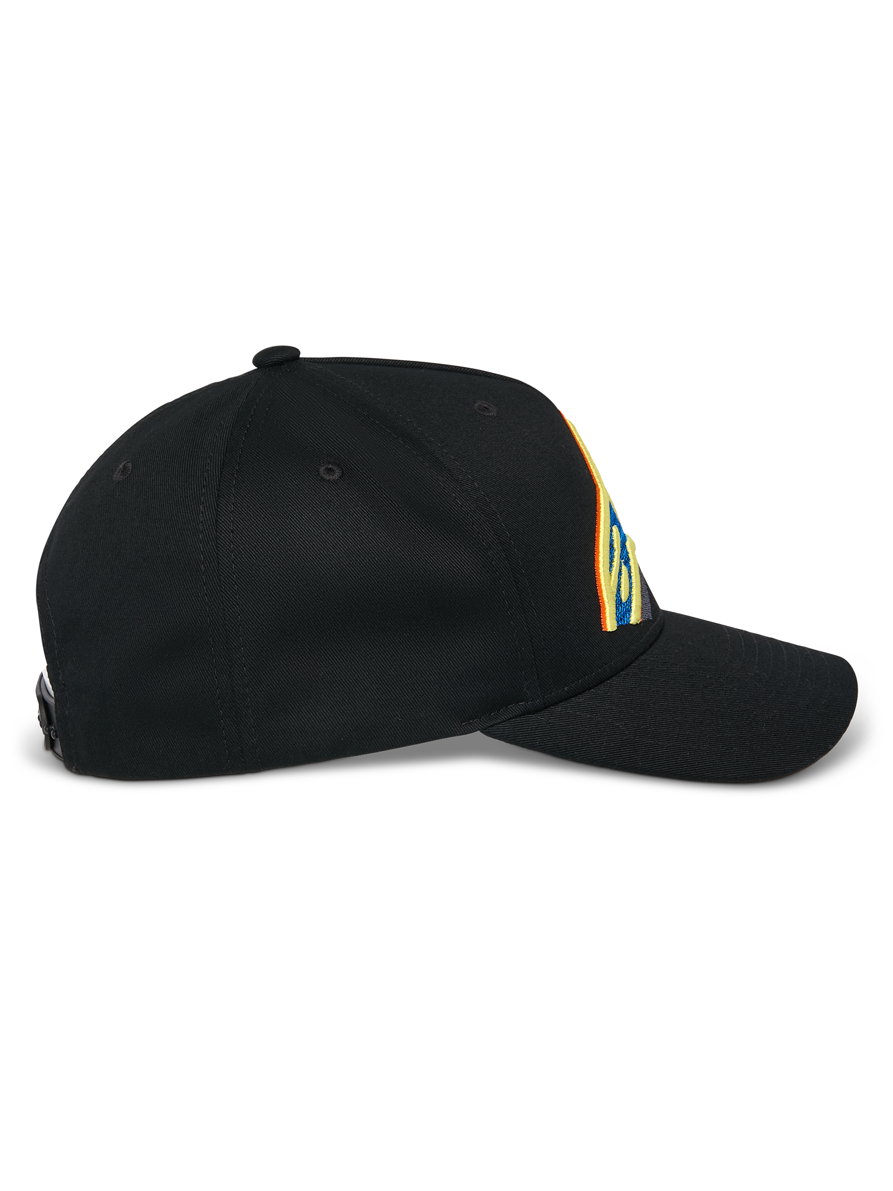 Alpinestars Lucid Snapback Keps, svart, sidoprofil, böjd skärm med strukturerad krona, med livfull flerfärgad logobrodyr, 100% bomullstwill