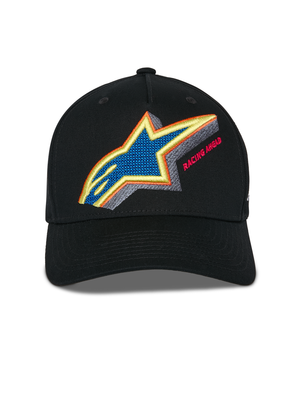 Alpinestars Lucid Snapback keps, svart, vy framifrån som visar en livfull flerfärgad Astars-logobrodyr med texten "Racing Ahead", böjd skärm och strukturerad krona, casual sportswear-keps