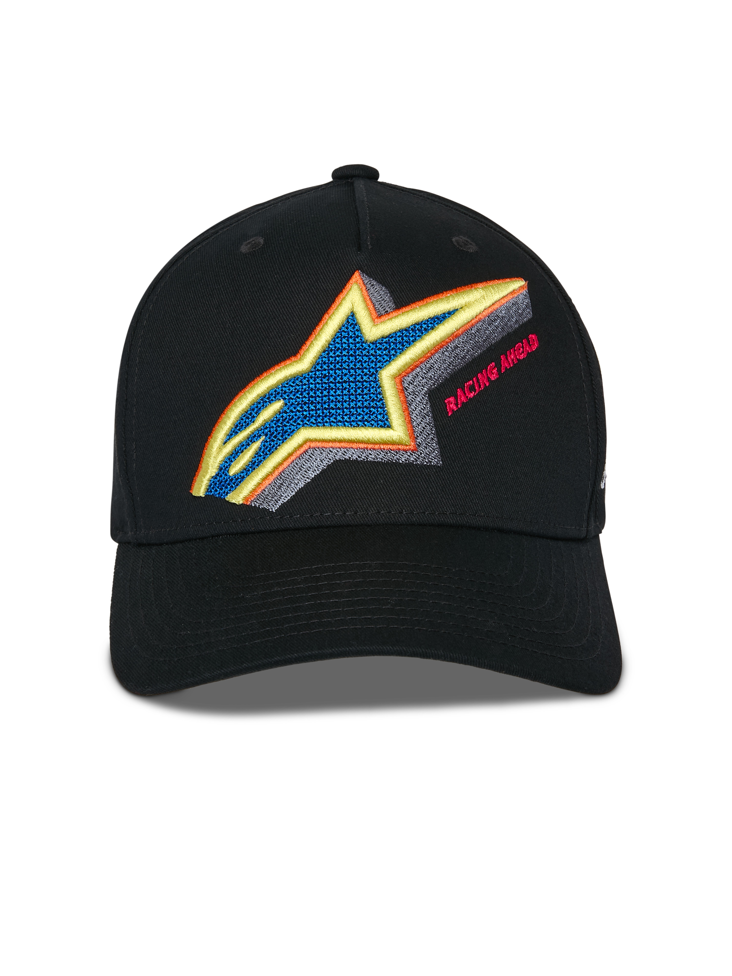 Alpinestars Lucid Snapback keps, svart, vy framifrån som visar en livfull flerfärgad Astars-logobrodyr med texten "Racing Ahead", böjd skärm och strukturerad krona, casual sportswear-keps