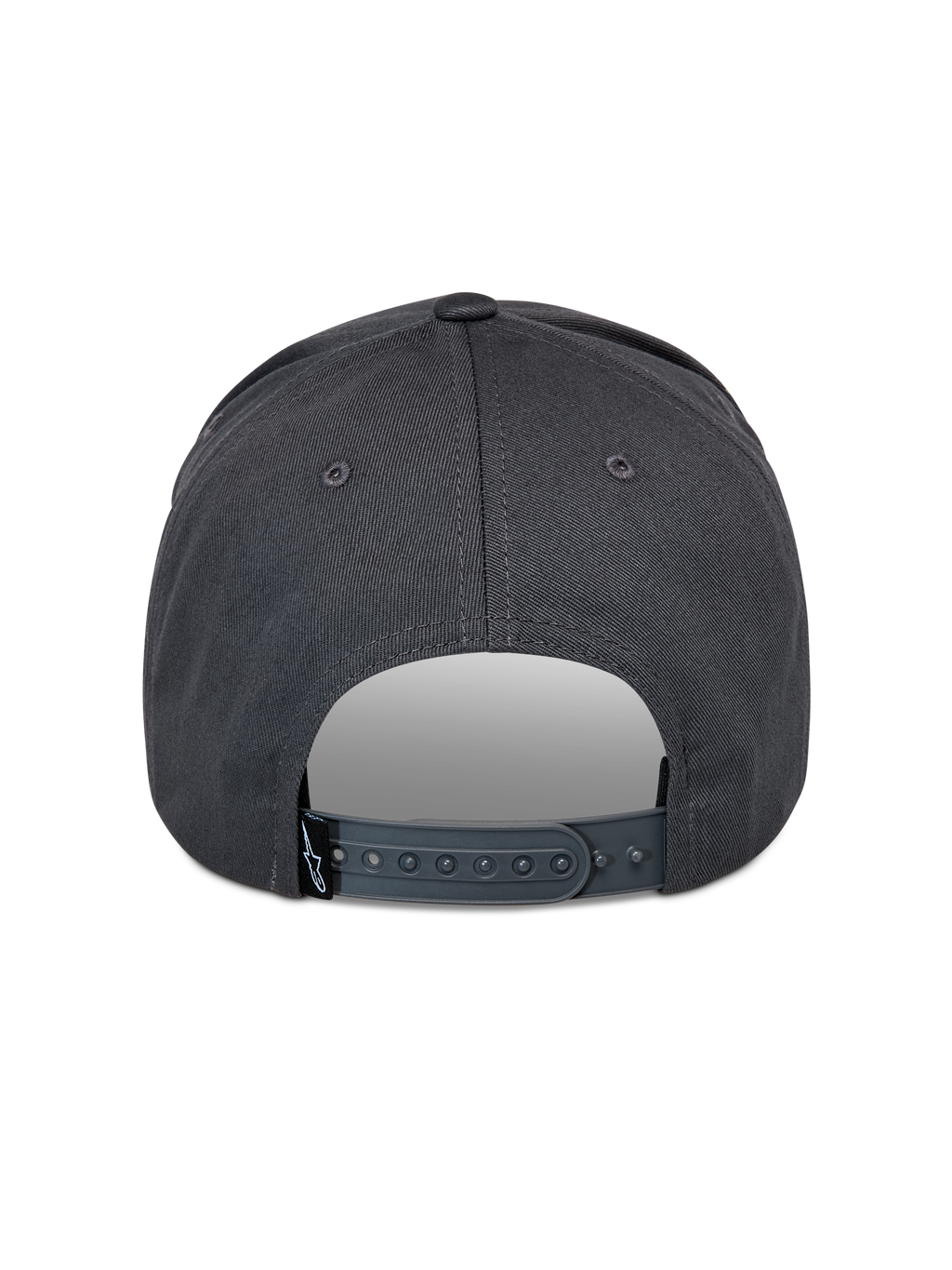 Alpinestars Lucid Snapback Hat, Charcoal Gray, back view showing adjustable plastic snapback closure and small black logo tag, structured crown, casual motorsport-inspired headwear