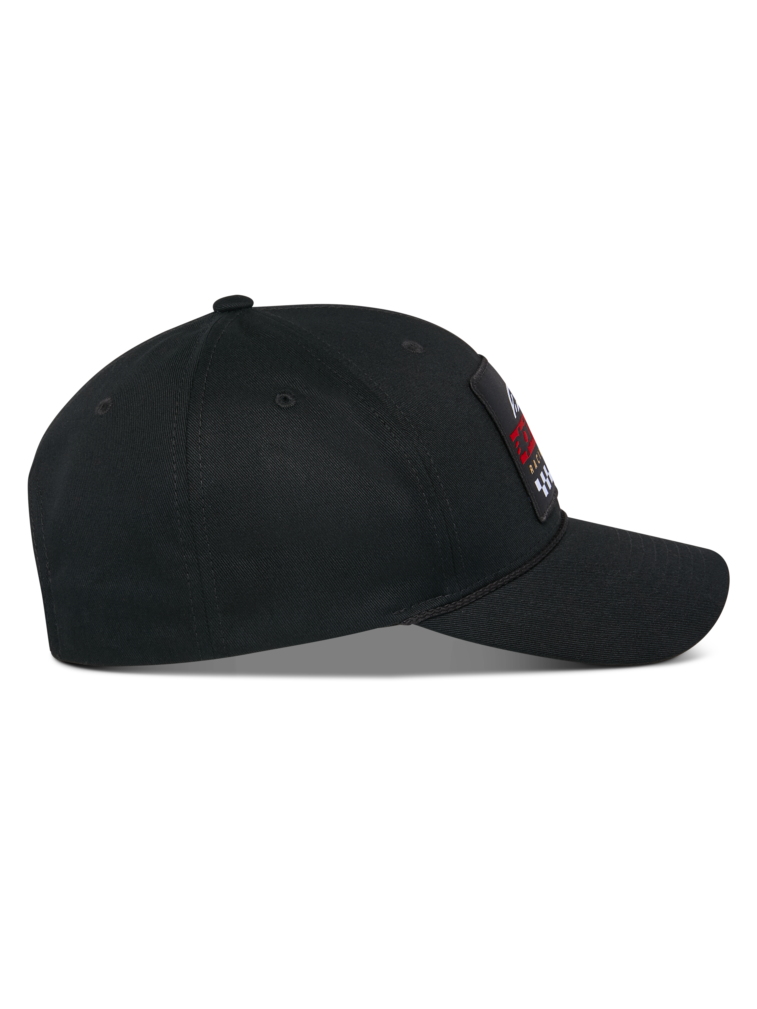 Alpinestars Matrix Snapback Hat, side profile, black cotton twill cap with a curved bill and structured crown, featuring a multicolor embroidered patch on the front, casual motorsport streetwear