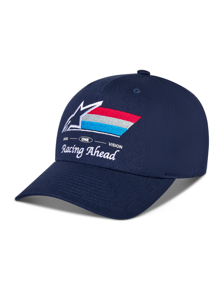 Alpinestars Trifecta Snapback-keps, marinblå, böjd skärm med strukturerad krona, broderad Astars-logotyp på framsidan med röda, vita och ljusblå ränder, vit text 'Racing Ahead' och 'Goal One Vision', avslappnad motorsportkeps