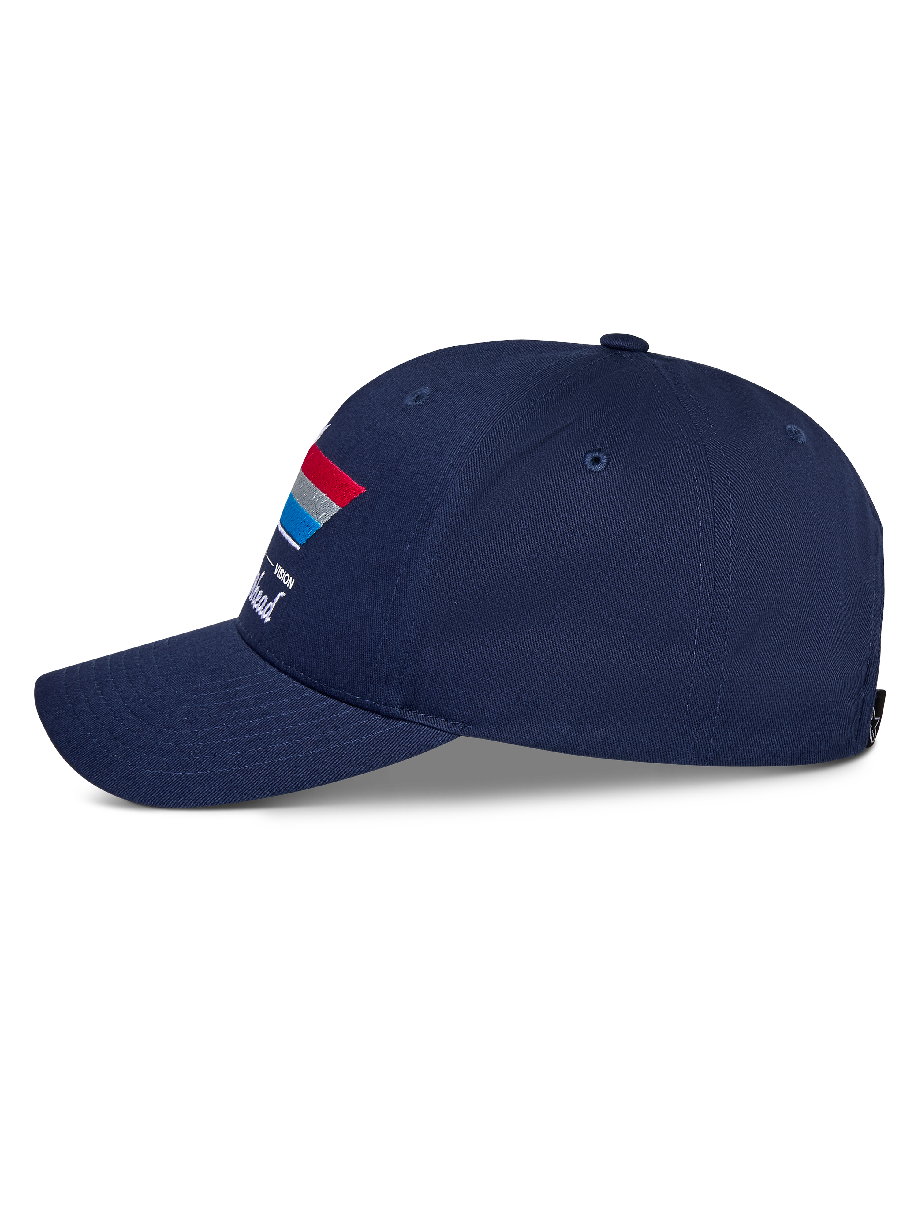 Alpinestars Trifecta Snapback Hat, Navy Blue, Side View, Featuring Curved Bill and Tri-Color Stripe Graphic with White Text, Casual Motorsport Headwear