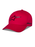 Alpinestars Carbon Fiber Snapback Hat, Red, front Astars logo and side wordmark with carbon fiber look heat transfer print, curved bill and structured crown, casual motorsport streetwear