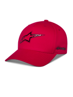 Alpinestars Carbon Fiber Snapback Hat, Red, front Astars logo and side wordmark with carbon fiber look heat transfer print, curved bill and structured crown, casual motorsport streetwear