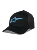 Alpinestars Ageless Shadow Trucker Hat, Black with blue and silver 3D embroidered star logo, features a curved bill and breathable mesh back panels, casual motorsport-inspired headwear