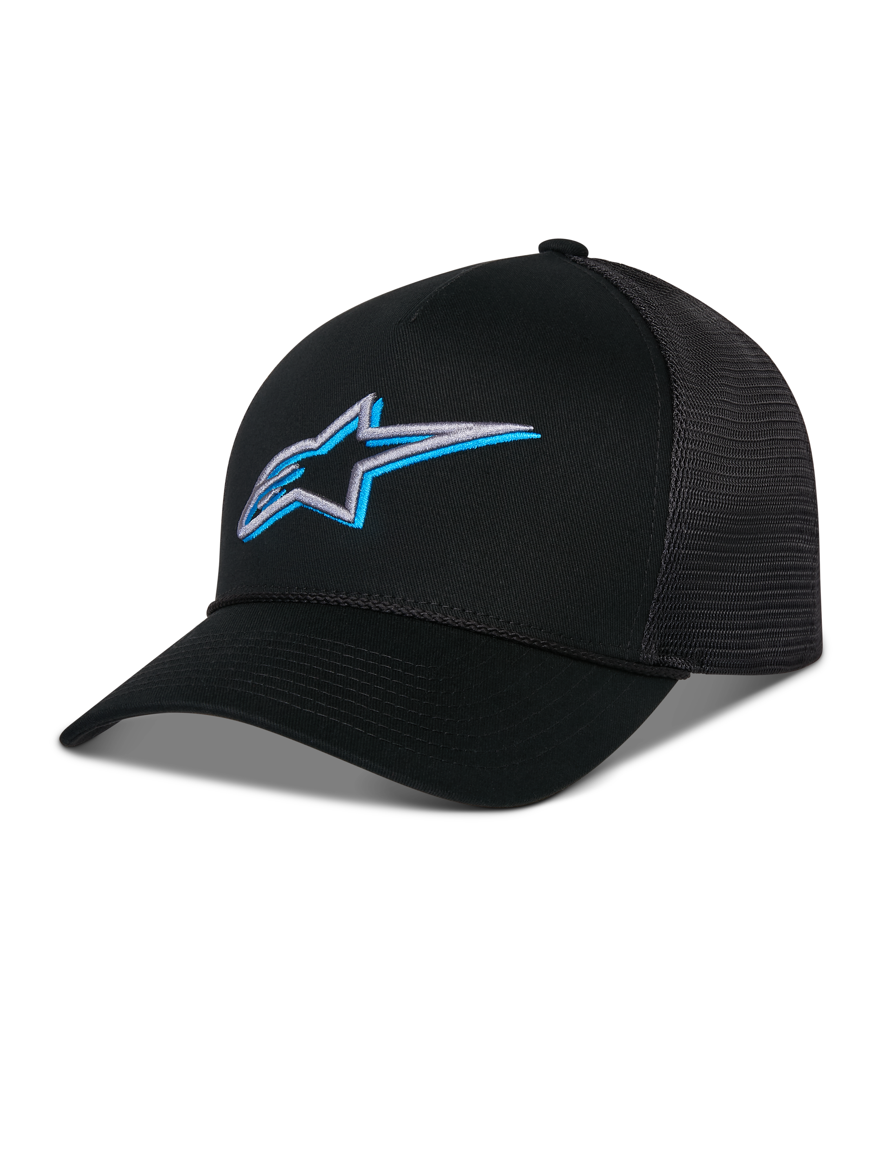 Alpinestars Ageless Shadow Trucker Hat, Black with blue and silver 3D embroidered star logo, features a curved bill and breathable mesh back panels, casual motorsport-inspired headwear