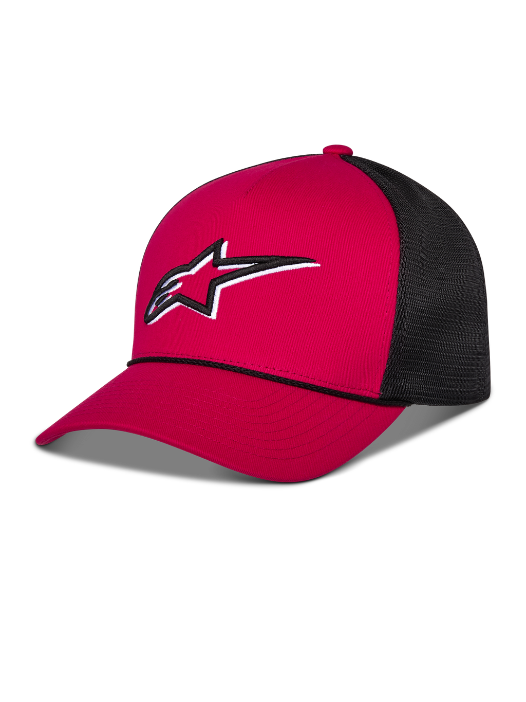 Alpinestars Ageless Shadow Trucker keps, röd och svart, med röd strukturerad krona och böjd skärm, svarta meshpaneler baktill, vit och svart broderad Astars-logotyp fram, vardaglig motorsport-inspirerad huvudbonad