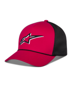 Alpinestars Ageless Shadow Trucker keps, röd och svart, med röd strukturerad krona och böjd skärm, svarta meshpaneler baktill, vit och svart broderad Astars-logotyp fram, vardaglig motorsport-inspirerad huvudbonad