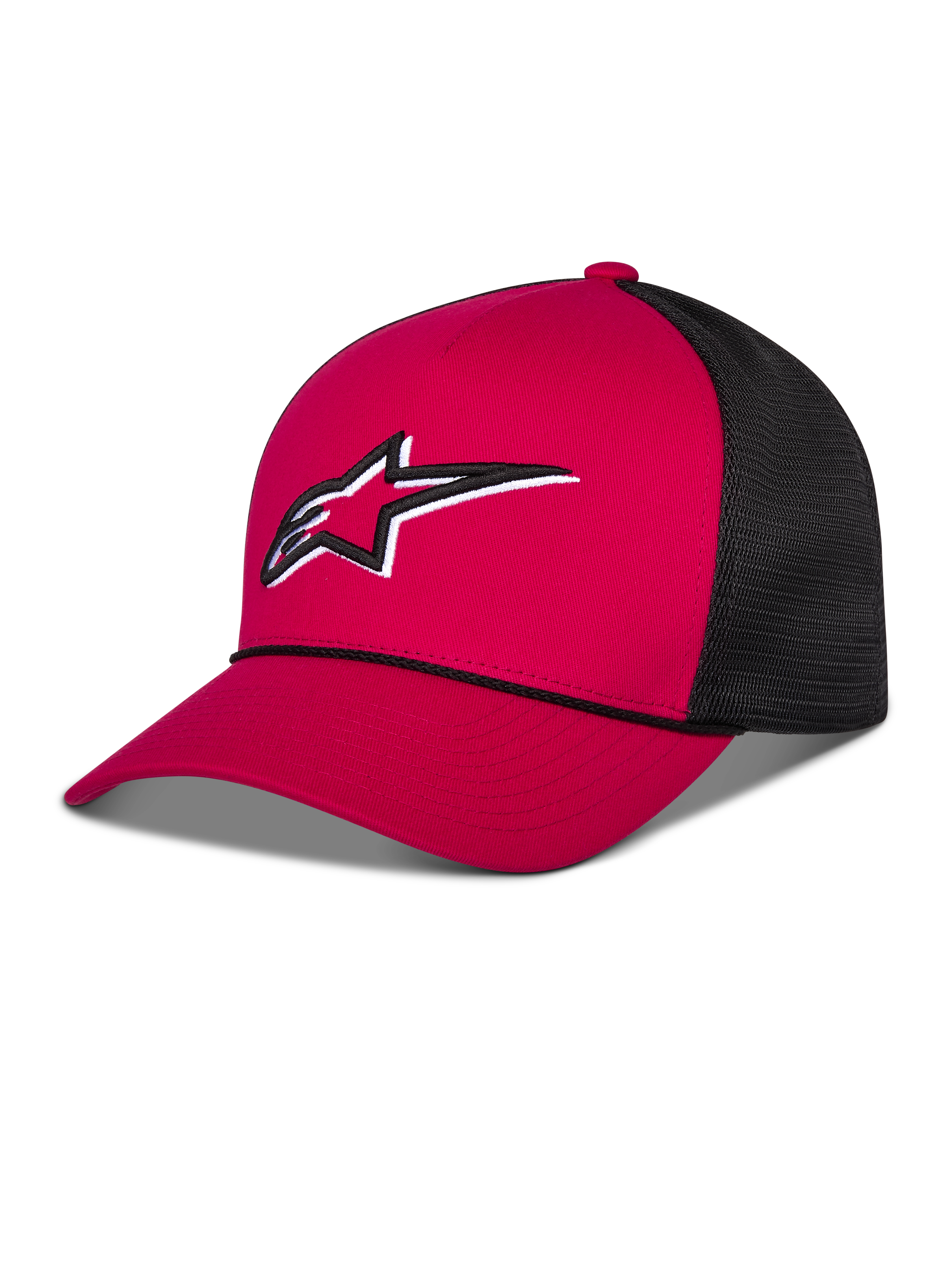 Alpinestars Ageless Shadow Trucker keps, röd och svart, med röd strukturerad krona och böjd skärm, svarta meshpaneler baktill, vit och svart broderad Astars-logotyp fram, vardaglig motorsport-inspirerad huvudbonad