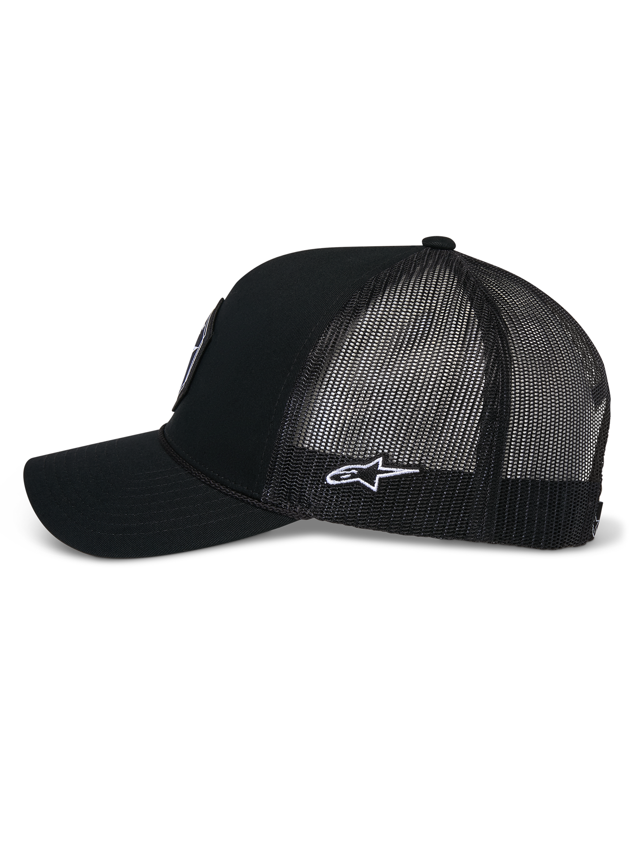 Alpinestars Hexeon Trucker Hat, side profile view of black trucker cap, curved bill, solid twill front panel with mesh back, embroidered white Astars logo on the side, casual motorsport headwear