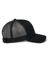 Alpinestars Hexeon Trucker Hat, side profile view, Black, featuring a structured twill front and breathable mesh back panels, curved bill, casual motorsport-inspired headwear
