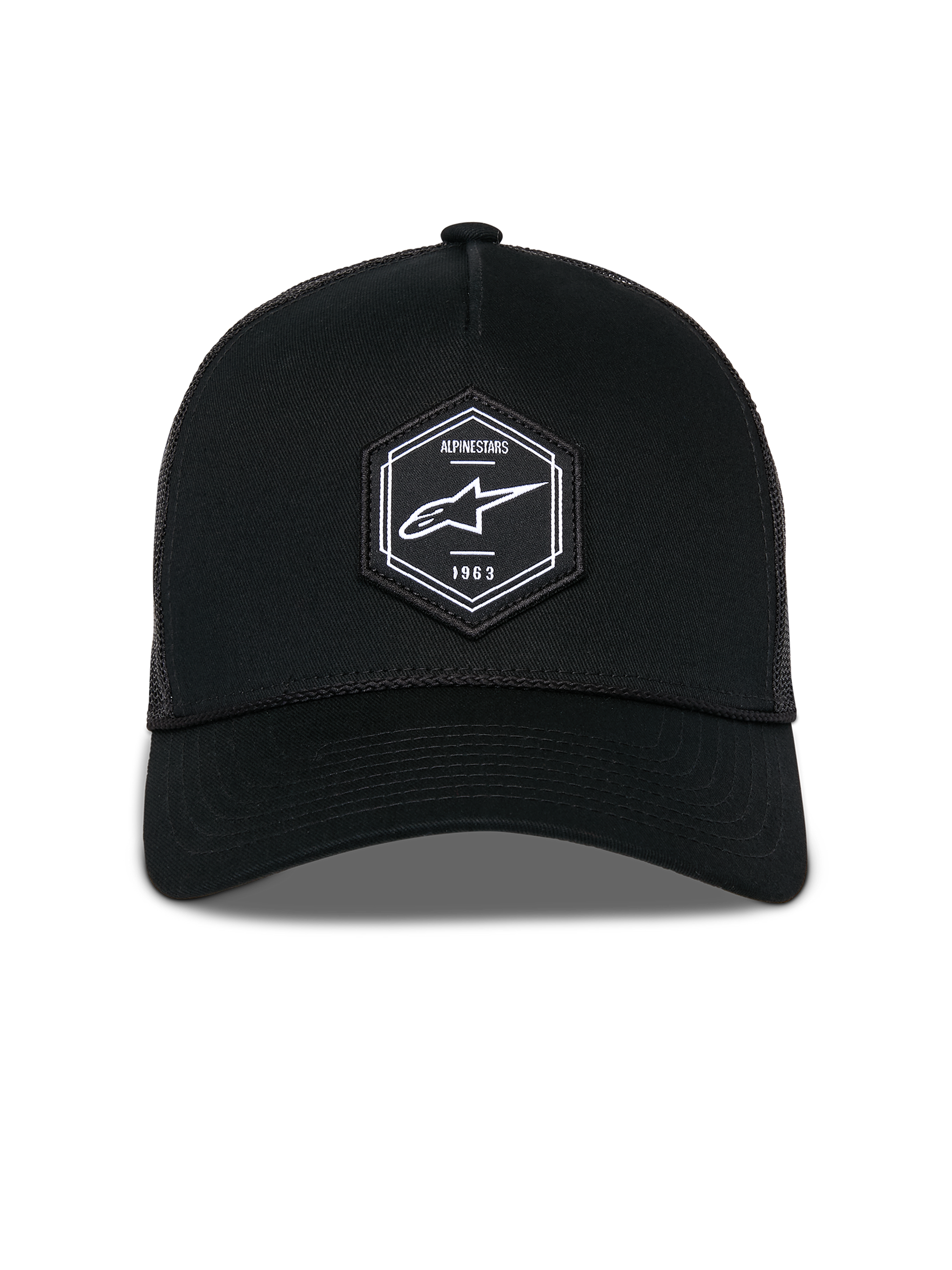 Alpinestars Hexeon Trucker Hat, Black casual sportswear cap, structured crown with curved bill, front hexagonal woven patch with Alpinestars logo and 1963, mesh back for breathability