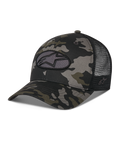 Alpinestars Oblique Camo Trucker Hat, black camouflage pattern with black mesh back, featuring a front Astars logo oval embroidery patch, curved bill and structured crown, casual motorsport-inspired headwear