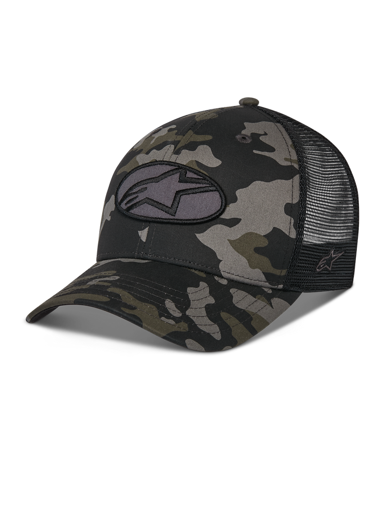 Alpinestars Oblique Camo Trucker Hat, black camouflage pattern with black mesh back, featuring a front Astars logo oval embroidery patch, curved bill and structured crown, casual motorsport-inspired headwear