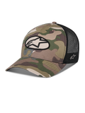 Alpinestars Oblique Camo Trucker Hat, Green Camo and Black, twill camouflage front with black mesh back, front oval Alpinestars logo patch, curved bill, casual motorsport headwear