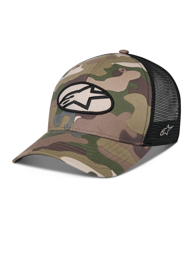 Alpinestars Oblique Camo Trucker Hat, grön kamouflage och svart, front i twill-kamouflage med baksida i svart mesh, oval Alpinestars-logotyp fram, böjd skärm, avslappnad motorsport-huvudbonad