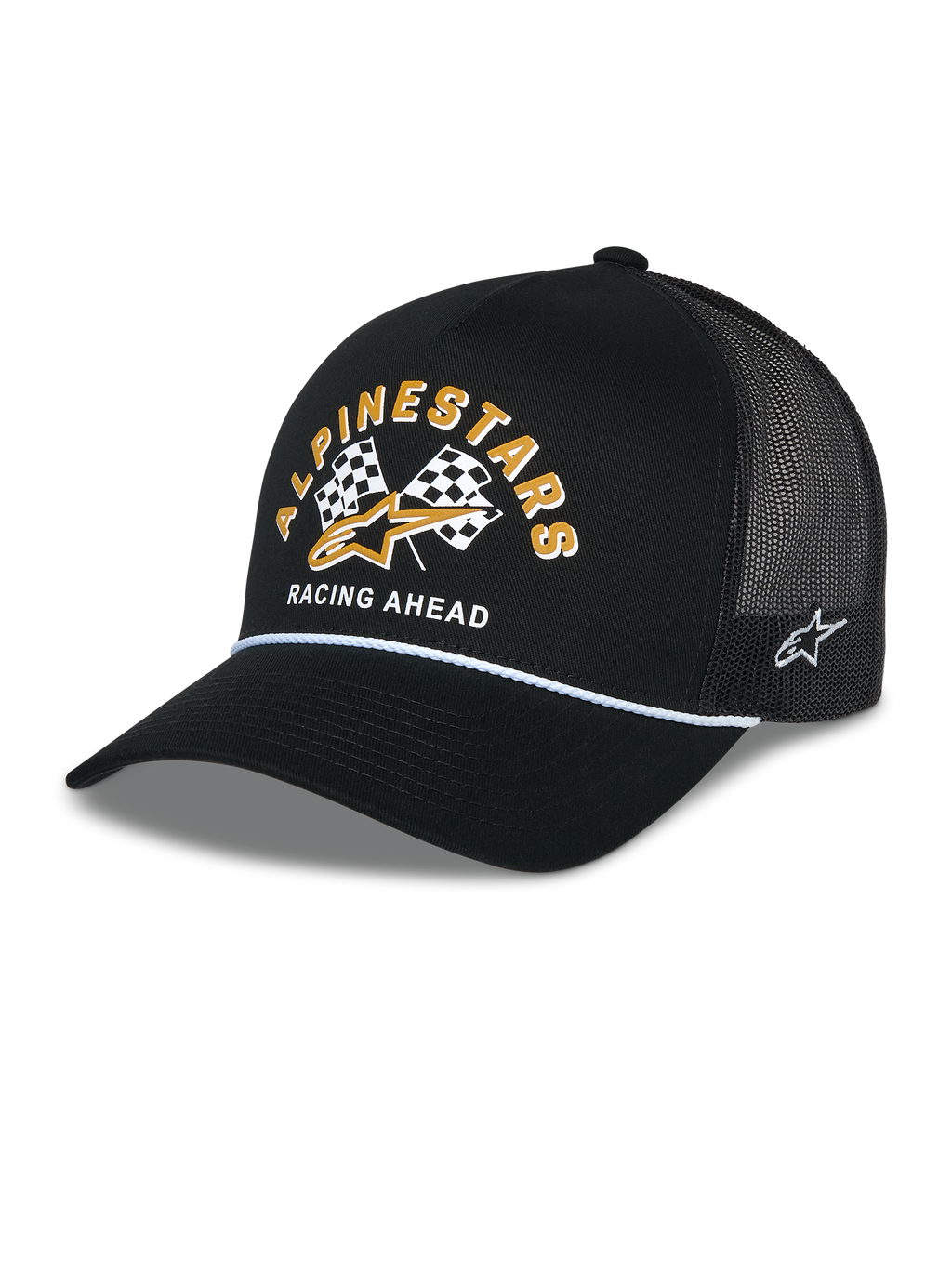 Alpinestars Finisher Trucker keps, svart truckerkeps med ventilerande meshbaksida, böjd skärm med vit repdetalj, grafik på framsidan med gul Alpinestars-text och rutiga flaggor, broderad stjärnlogotyp på sidan, avslappnad motorsport-inspirerad huvudbonad
