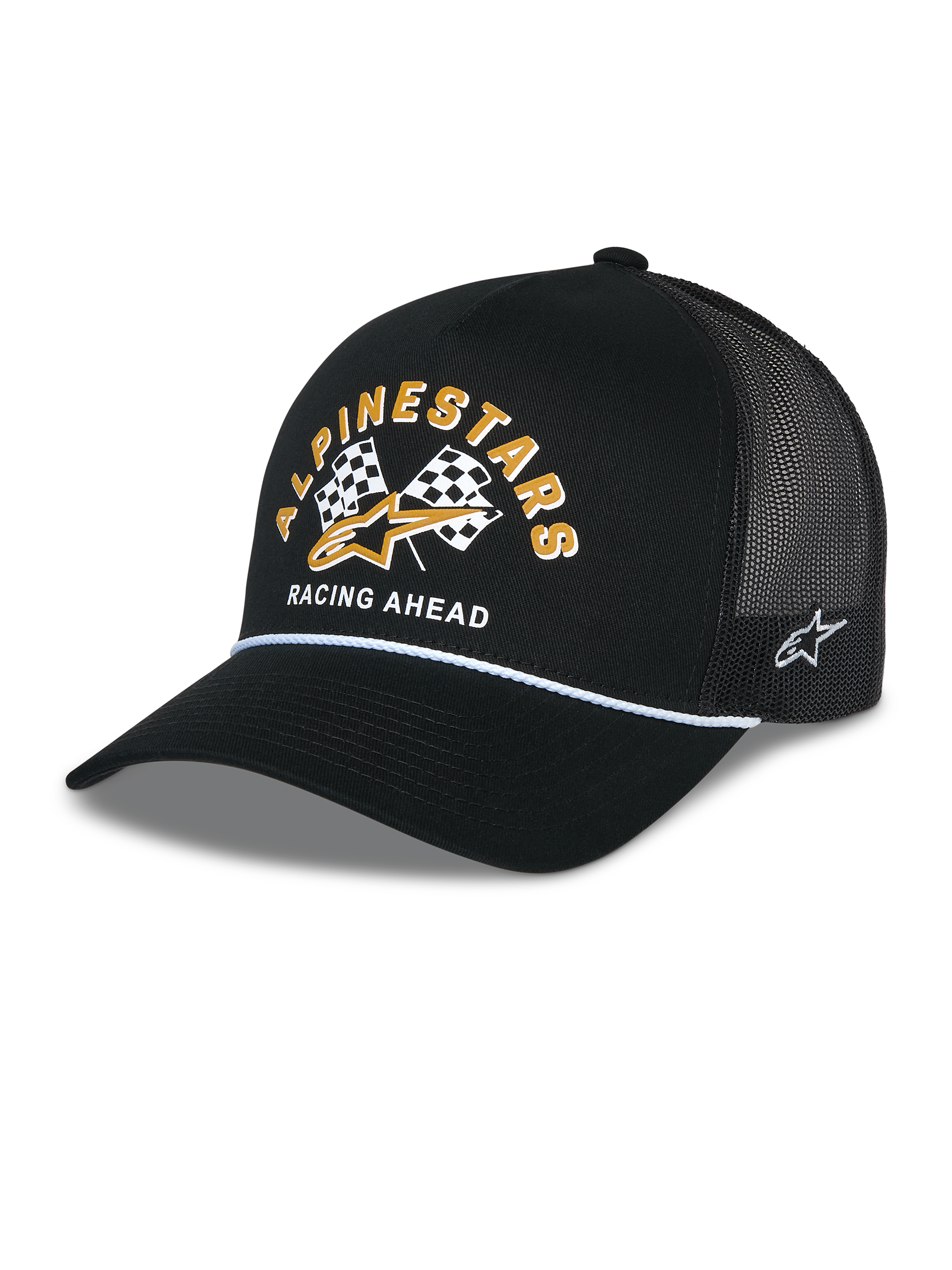 Alpinestars Finisher Trucker keps, svart truckerkeps med ventilerande meshbaksida, böjd skärm med vit repdetalj, grafik på framsidan med gul Alpinestars-text och rutiga flaggor, broderad stjärnlogotyp på sidan, avslappnad motorsport-inspirerad huvudbonad