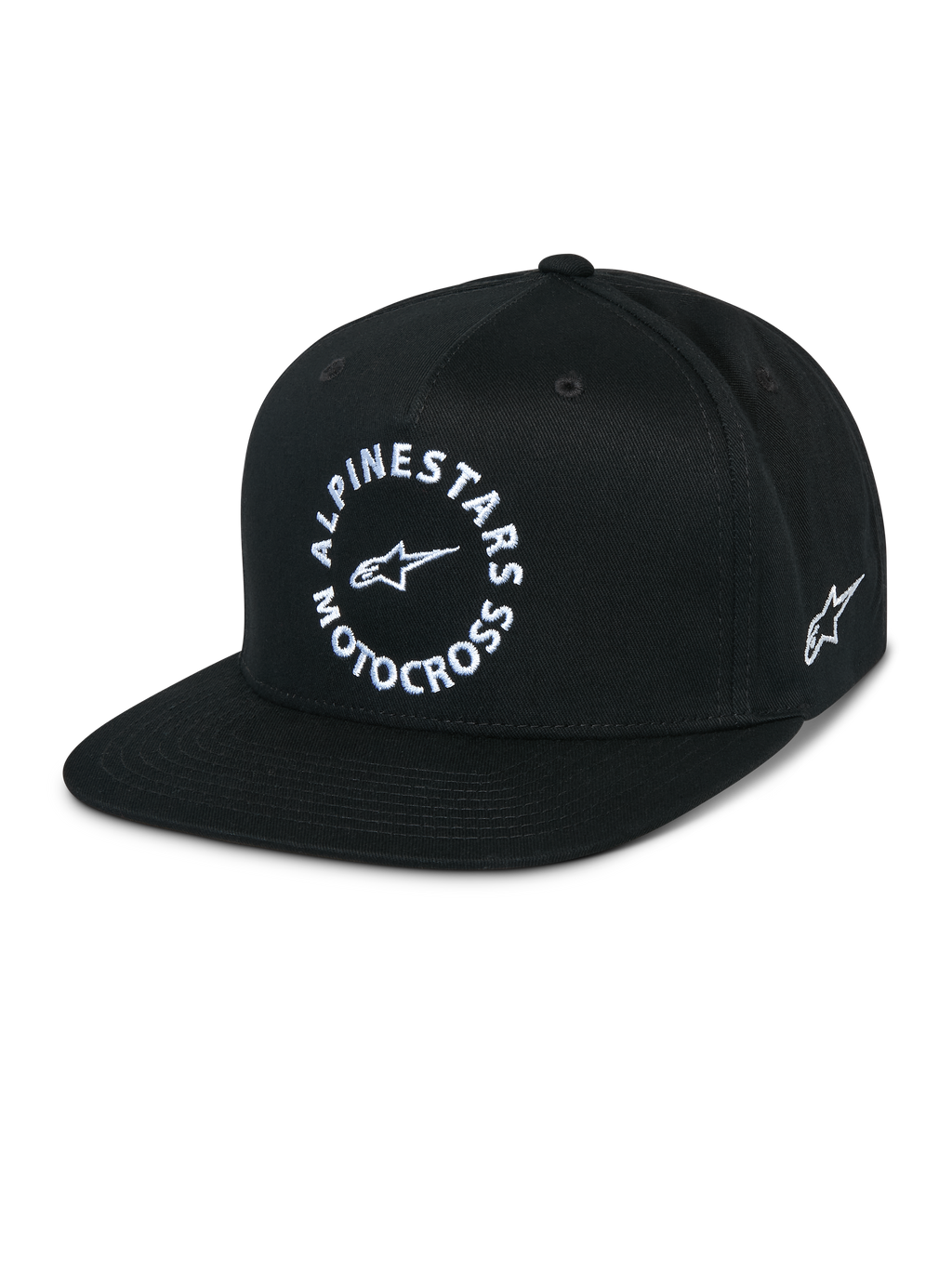 Alpinestars MX Snapback-keps, svart keps med platt skärm, strukturerad krona, vit rund Alpinestars Motocross-grafik framtill, broderad Astars-logotyp på sidan, 100 % bomullstwill, vardagliga motorsportkläder