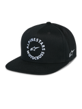 Alpinestars MX Snapback-keps, svart keps med platt skärm, strukturerad krona, vit rund Alpinestars Motocross-grafik framtill, broderad Astars-logotyp på sidan, 100 % bomullstwill, vardagliga motorsportkläder