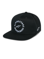 Alpinestars MX Snapback-keps, svart keps med platt skärm, strukturerad krona, vit rund Alpinestars Motocross-grafik framtill, broderad Astars-logotyp på sidan, 100 % bomullstwill, vardagliga motorsportkläder