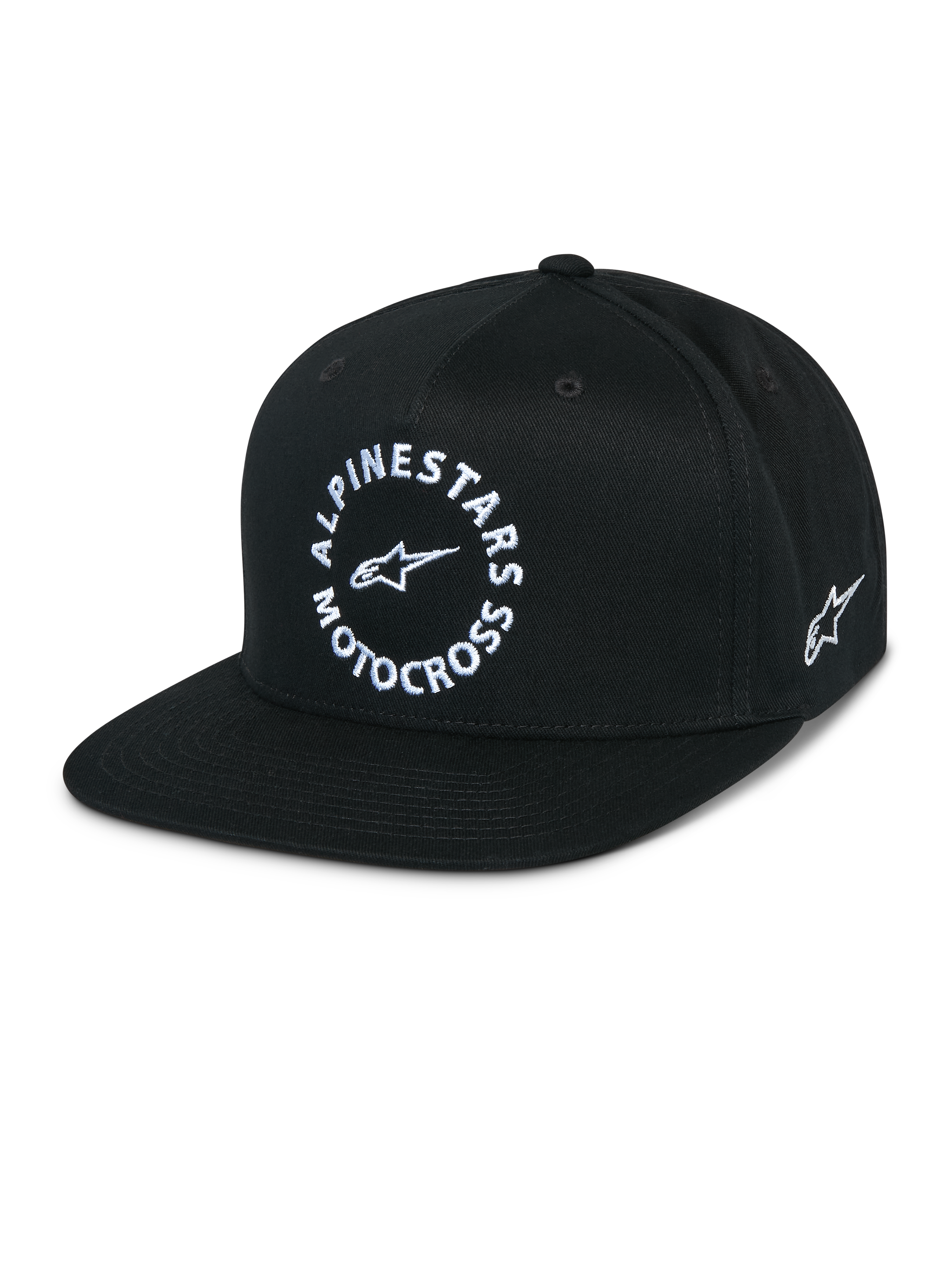 Alpinestars MX Snapback-keps, svart keps med platt skärm, strukturerad krona, vit rund Alpinestars Motocross-grafik framtill, broderad Astars-logotyp på sidan, 100 % bomullstwill, vardagliga motorsportkläder