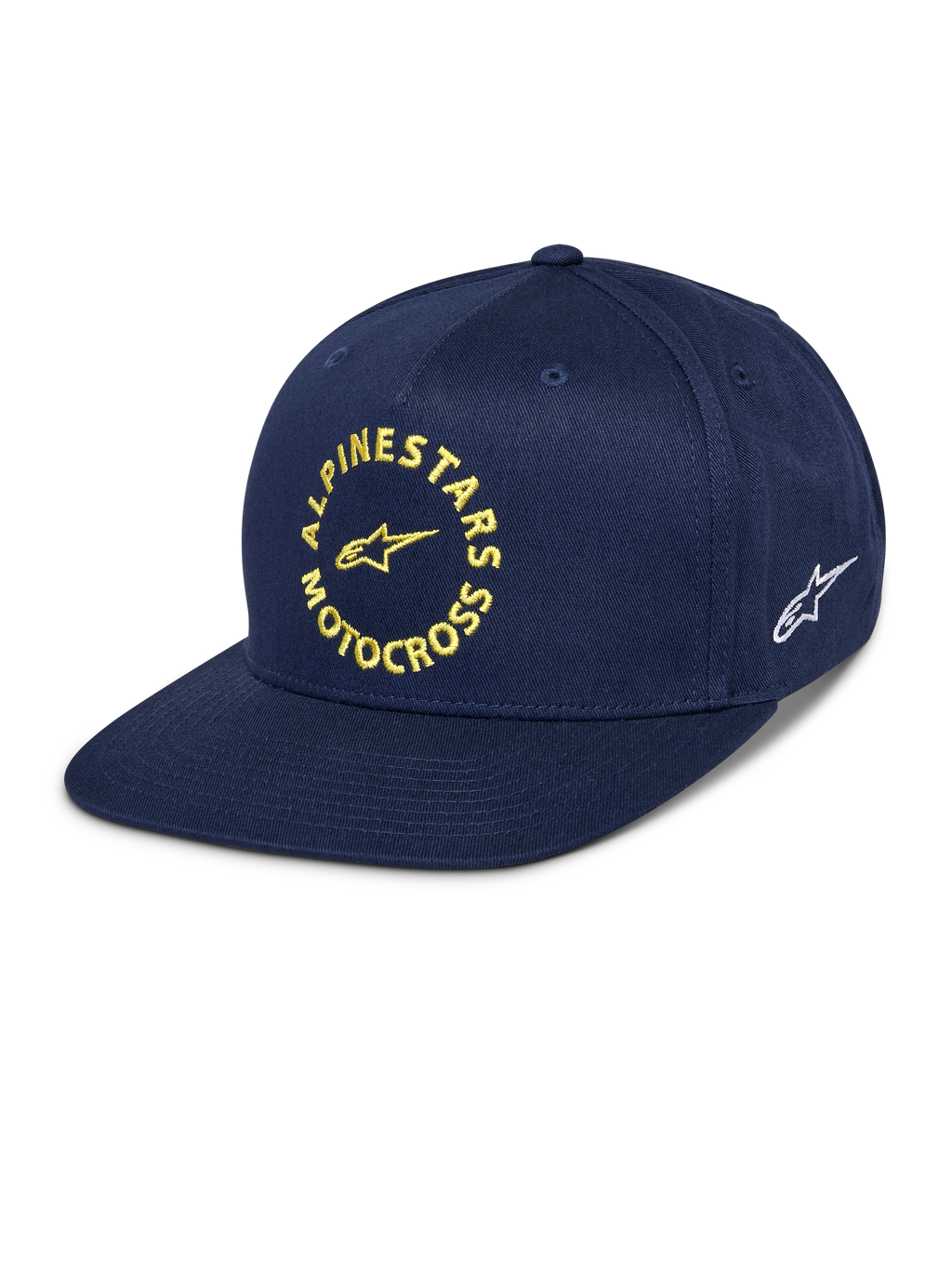 Alpinestars MX Snapback-keps, marinblå, platt skärm med strukturerad krona, gul broderad Alpinestars Motocross-grafik på framsidan, vit Astars-logotyp på sidan, bomullstwill, klassisk motorsport-huvudbonad